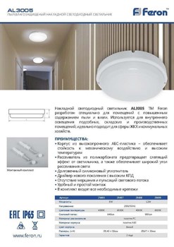 Светильник светодиодный Feron пылевлагозащищённый 12W 900Lm 6500K в пласт. корп. IP65 AL3005 29609 - фото 80403