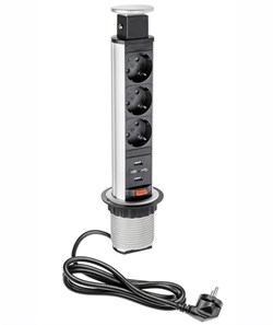Блок Shelbi выдвижной настольный розеточный на 3 розетки 200B, 2 USB розетки, серебро STV-3S-2U-S - фото 82307