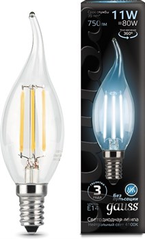Лампа Gauss LED Filament Свеча на ветру E14 11W 750lm 4100K 104801211 - фото 92759