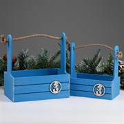 Набор кашпо деревянных 2 в 1 Новый год. Снеговик 25*15*30, 21*12*23 ручка канат, синий 6948773